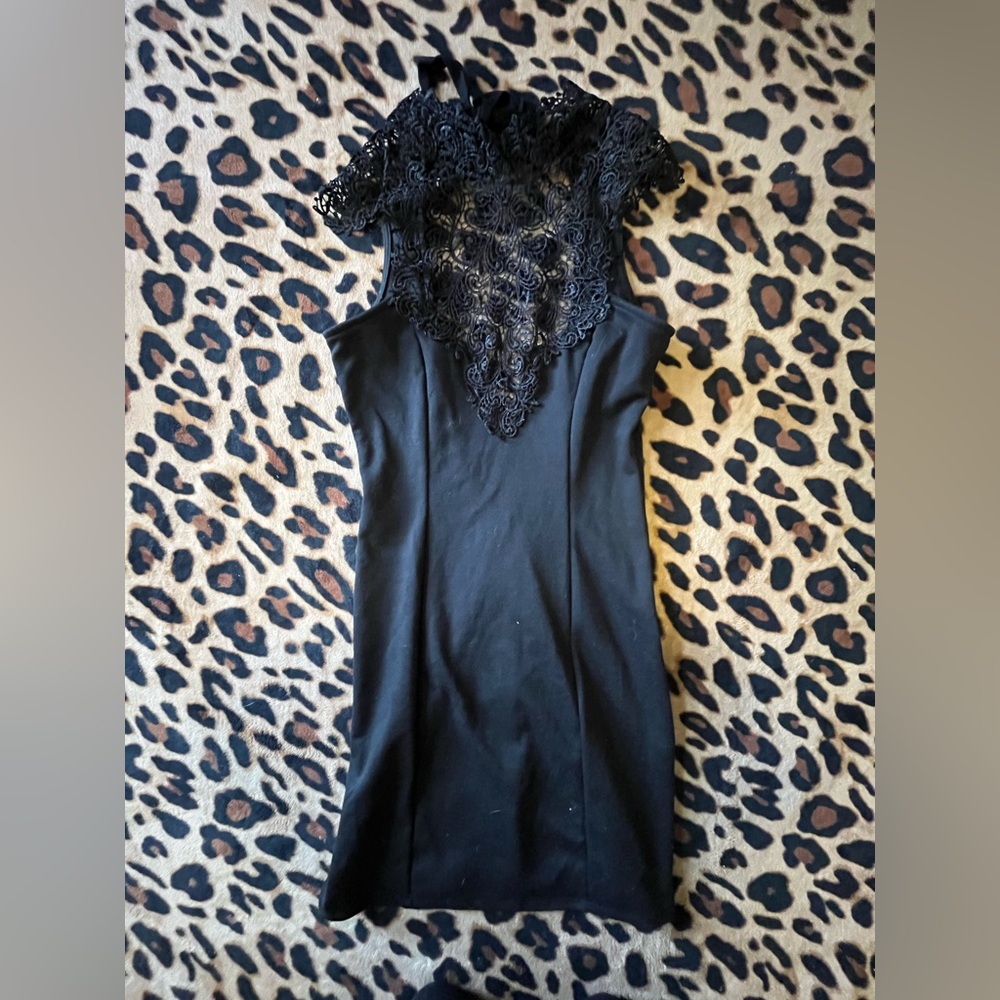 Solemio Black Lace High Neck Mini Dress NWOT S